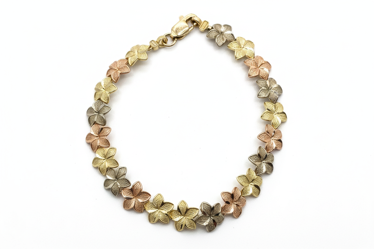 14k tri- Color Flower bracelet (rose,yellow and white gold)