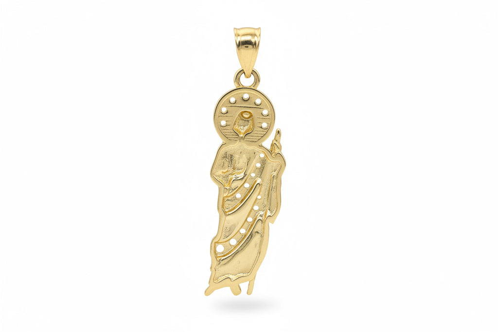 14k yellow small San Judas with white and green cz stones