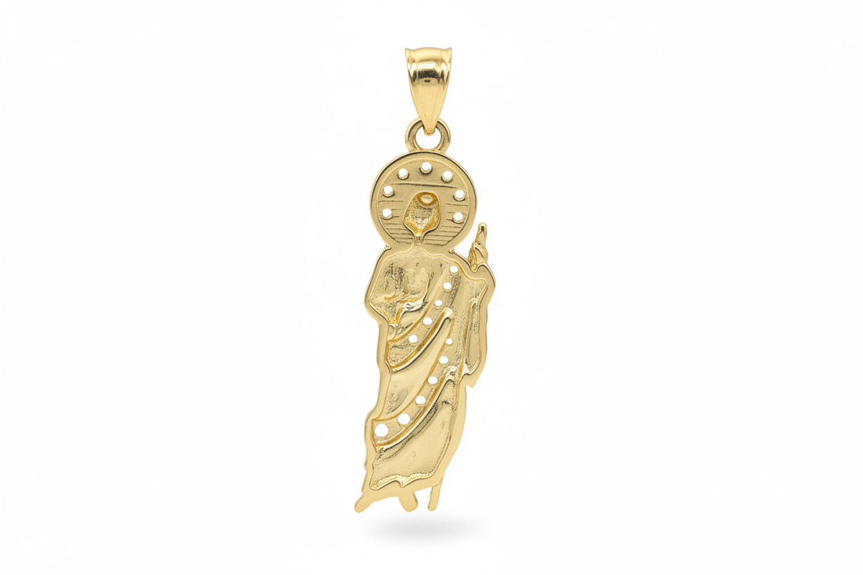 14k yellow small San Judas with white and green cz stones