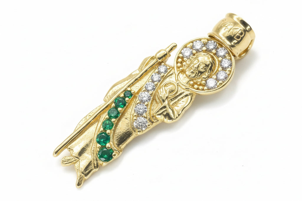 14k yellow small San Judas with white and green cz stones