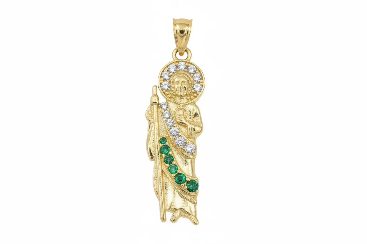 14k yellow small San Judas with white and green cz stones