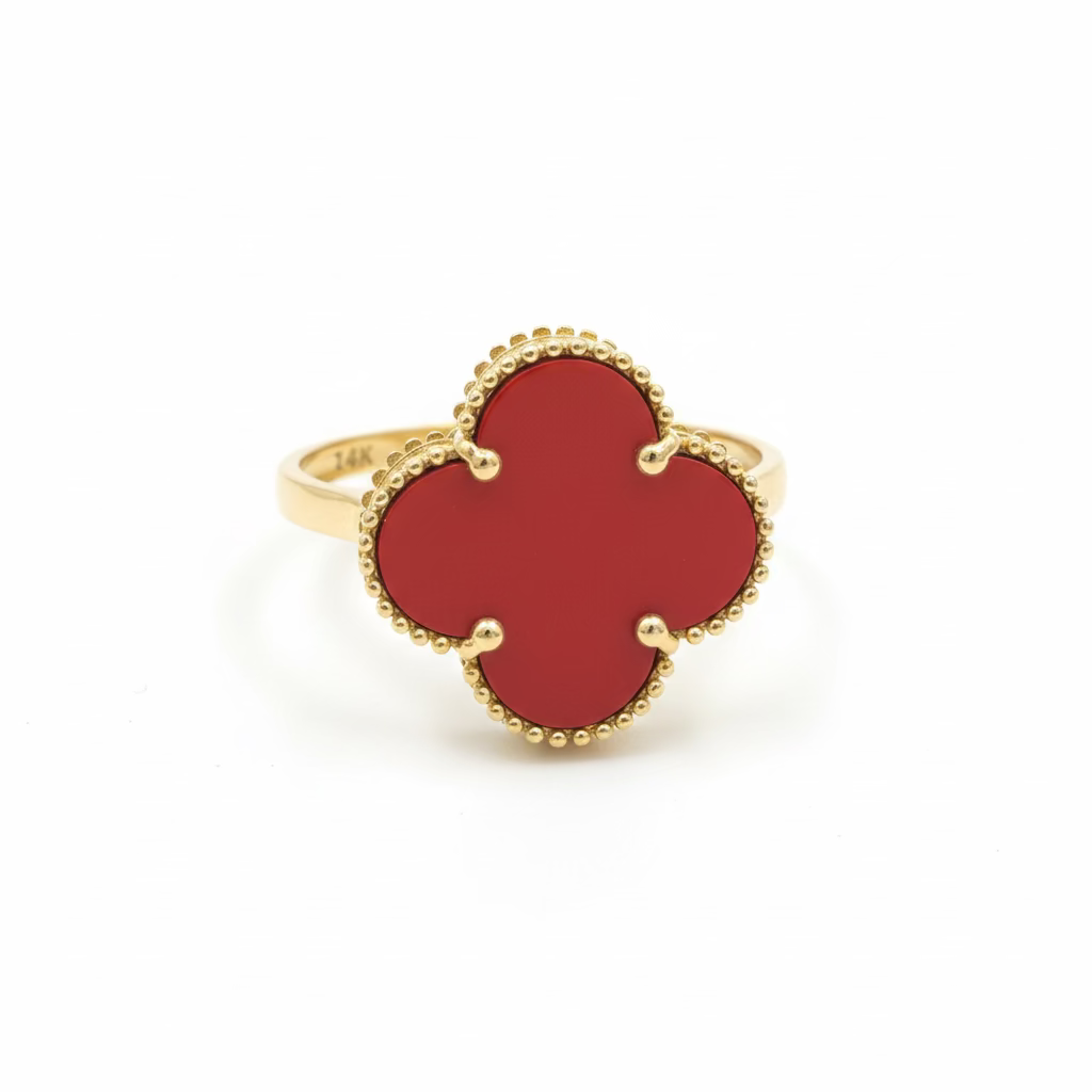14k Yellow Gold Red clover Floral Ring size 7