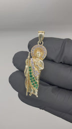 14k yellow Gold san Judas with white and green cz stones