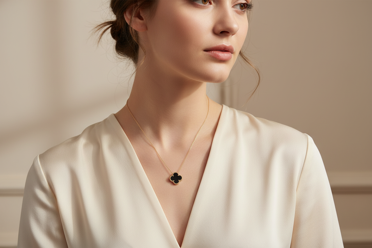 Woman wearing 14k flower necklace